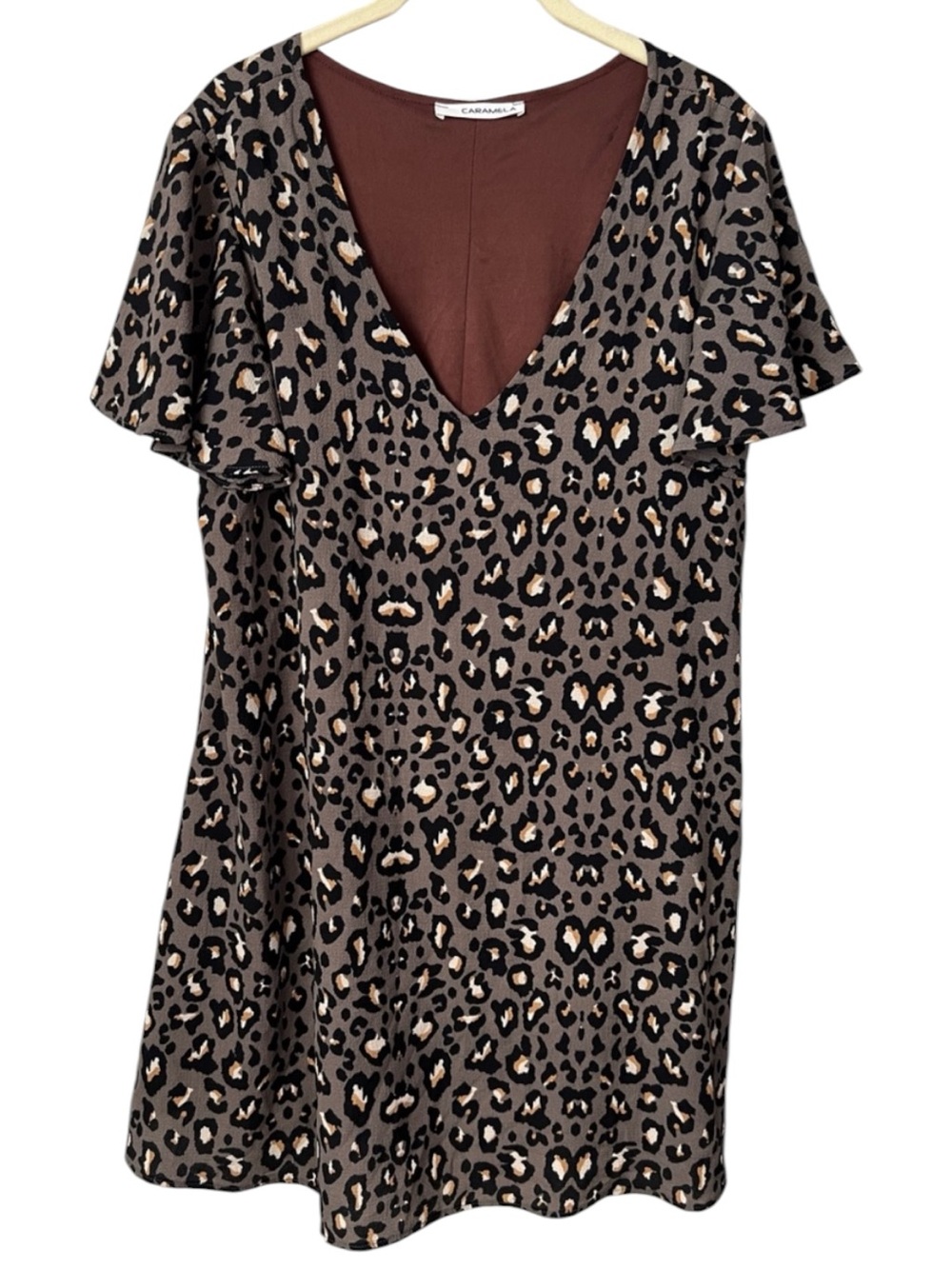 Caramela Brown Leopard Print Animal V-Neck Flutter Sleeve Dress Size Large